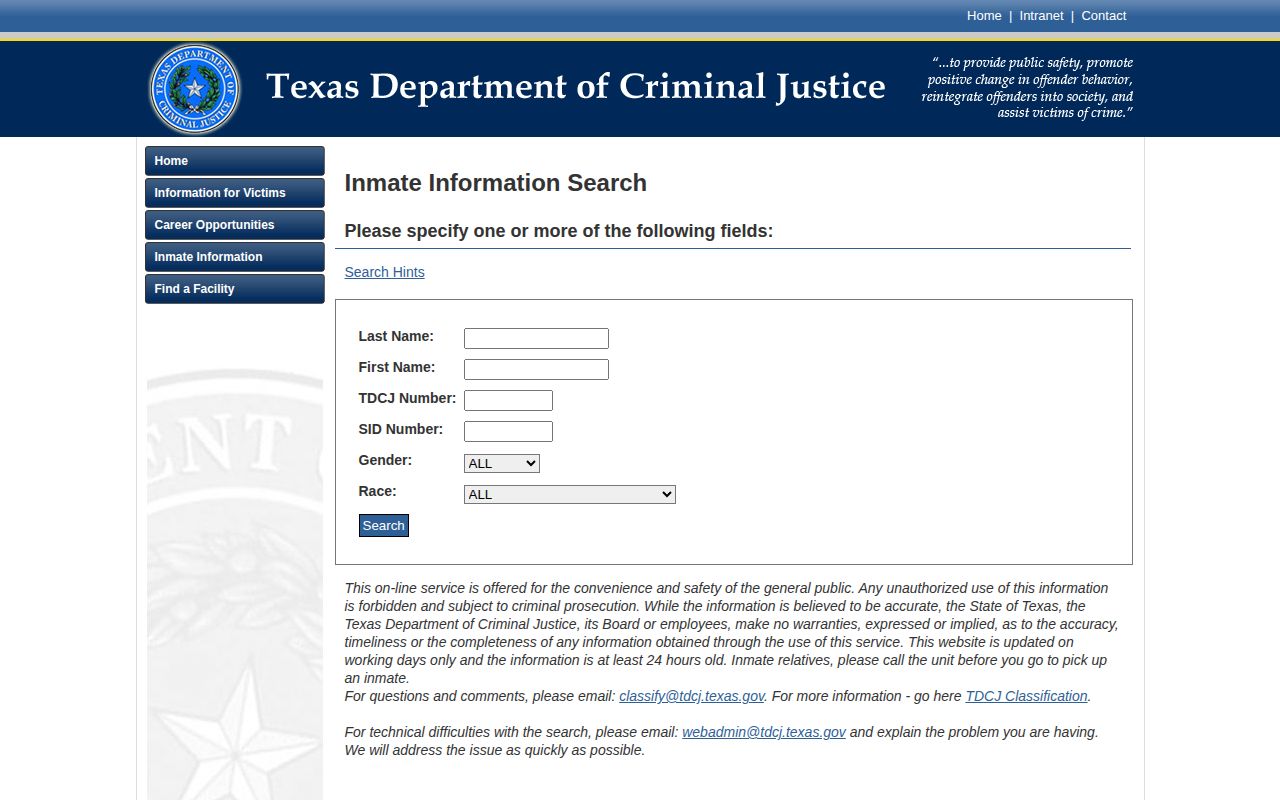 Potter County state-custody record source, Texas Department of Criminal Justice search